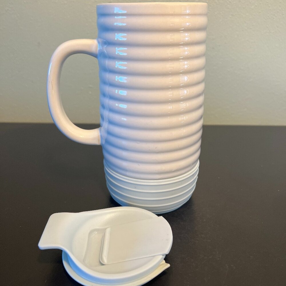 CROFTON White Ceramic Lidded Travel Mug with Mint Green Non-Slip Silicone Bottom - Picture 9 of 11